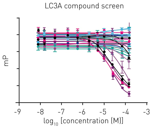 Fig. 6: Graphical representation of the raw data from compound titration against LC3A in 5 µl reactions in a 1536-well plate. Decreasing curves mark peptide displacement and therefore compound binding. Shown is a titration of 96 compounds in replicate. n=2